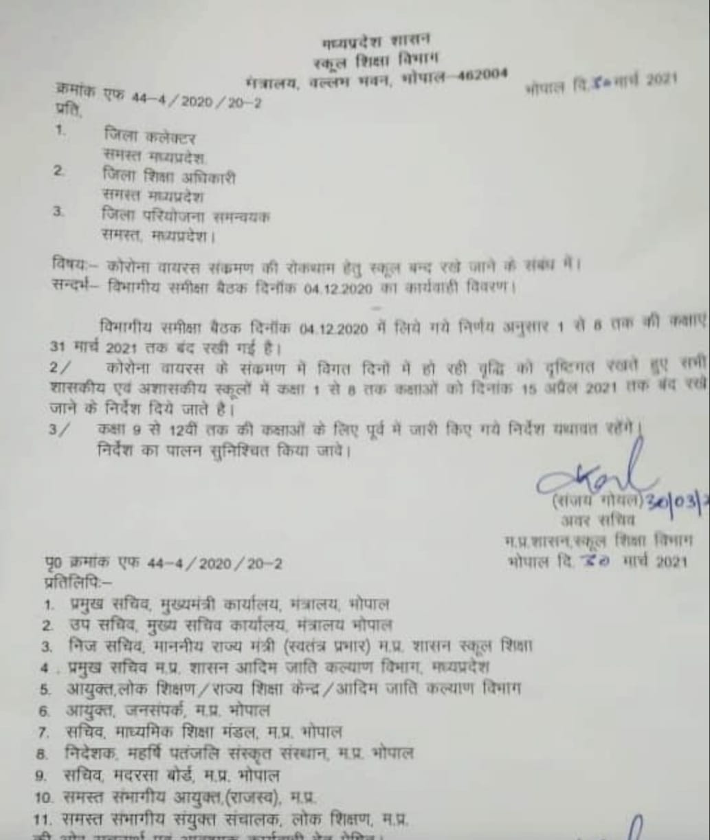 1 अप्रैल से 15 अप्रैल तक  कक्षा 1 से 8 तक के स्कूल बंद रहेंगे। 